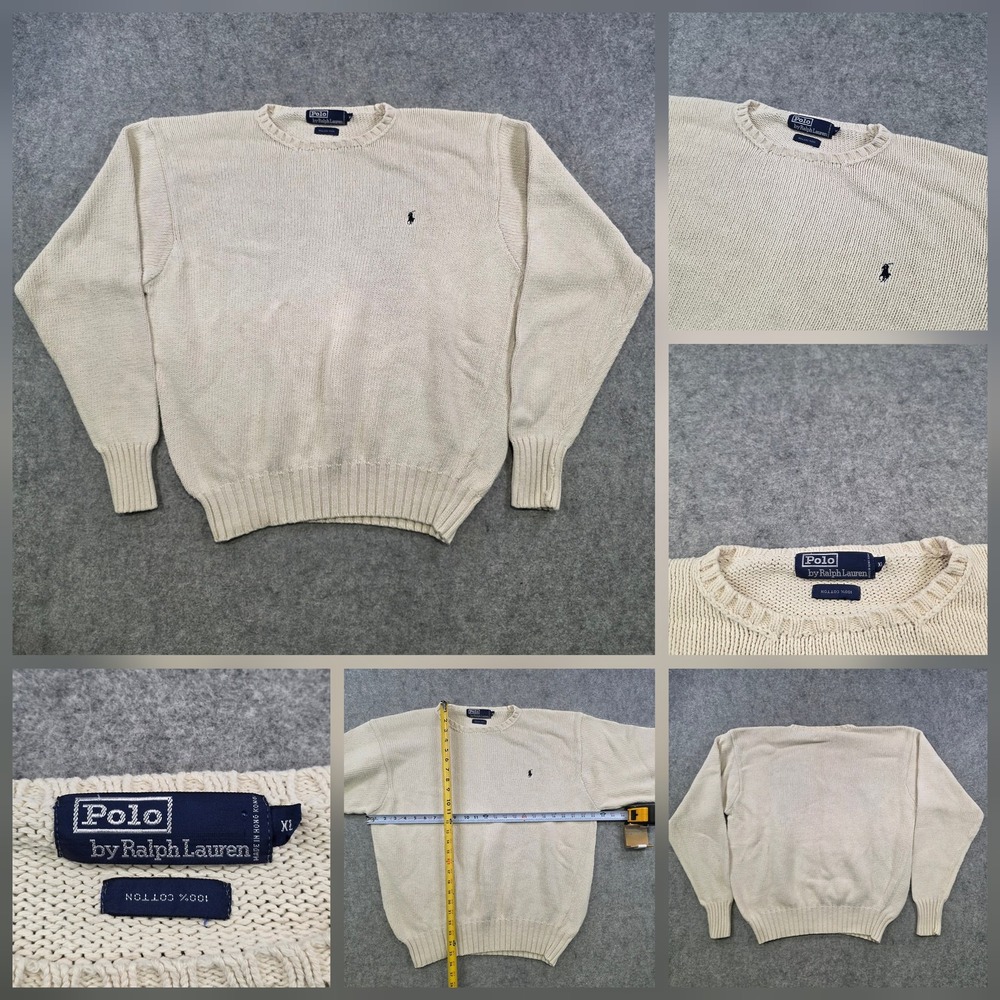 Vintage Polo By Ralph Lauren Sweater Mens XL White 100% Cotton Knit Crewneck